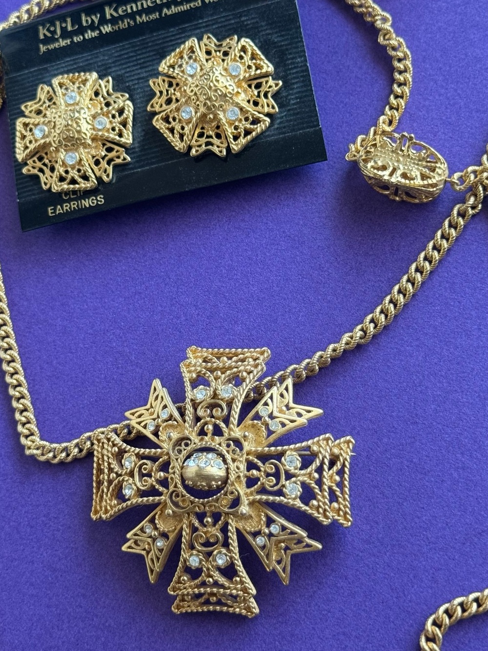 Kenneth Jay Lane Gold Filigree Cross Necklace & Earrings Set - Picture 4 of 6